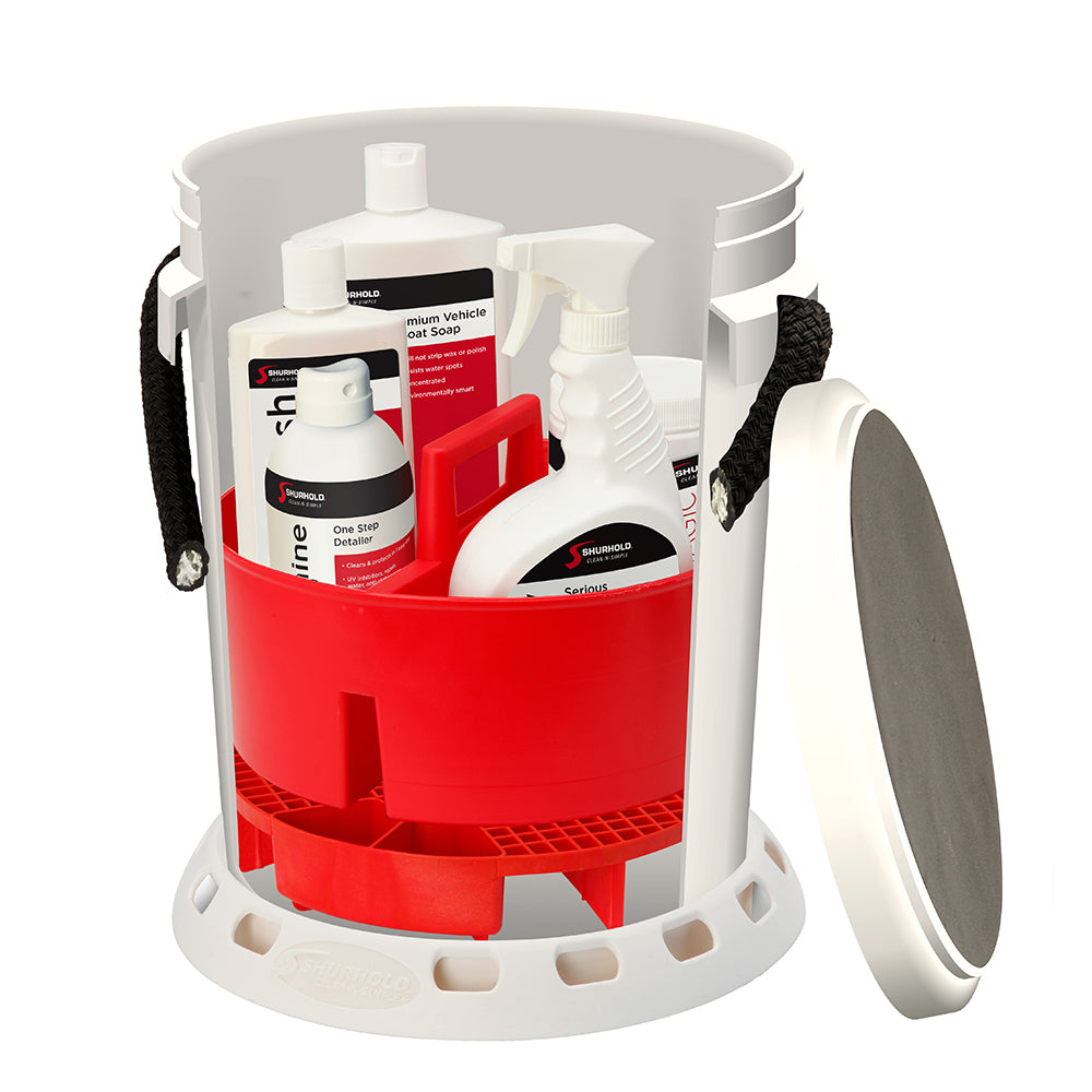 Shurhold 5 Gallon White Bucket Kit Includes Bucket Caddy Grate Seat Buff Magic Pro Polish Brite Wash SMC Serious Shine